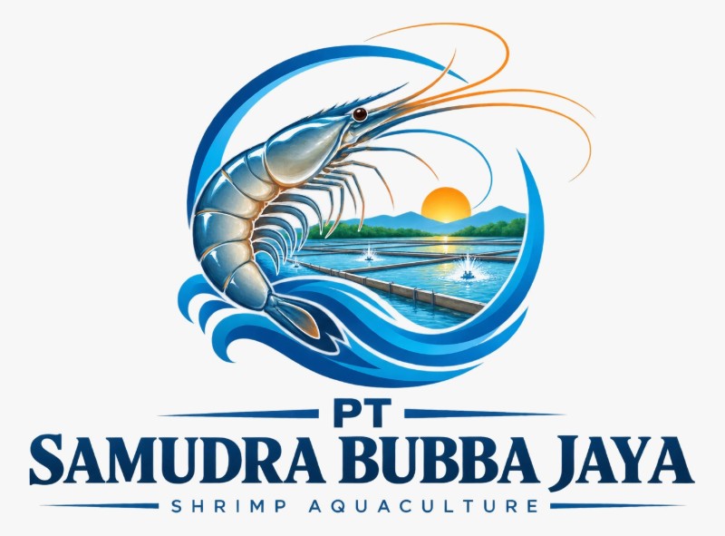 Logo resmi PT Samudra Bubba Jaya: udang, gelombang laut, tambak, dan matahari terbit